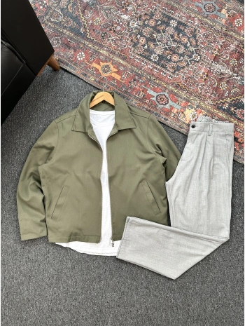 Haki Gabardin Ceket Gri Pileli Baggy Kumaş 2’li Set Kombin