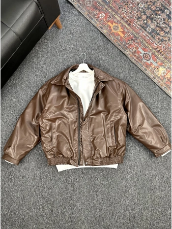 Kahverengi Bomber Oversize Deri Ceket