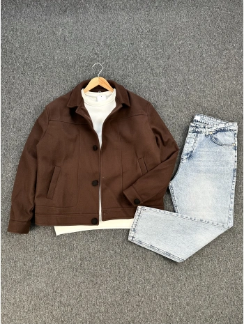 Kahverengi Kaşe Ceket & Mavi Kar Yıkama Boyfriend Kot Pantolon Kombini