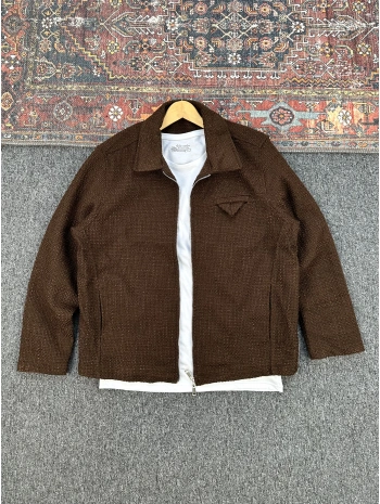 Kahverengi Örme Hasır Kumaş Ceket