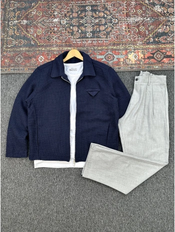 Lacivert Örme Hasır Kumaş Ceket & Gri Pileli Kumaş Baggy Pantolon