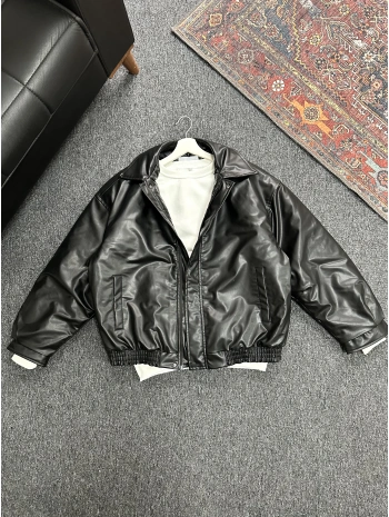 Siyah Bomber Oversize Deri Ceket