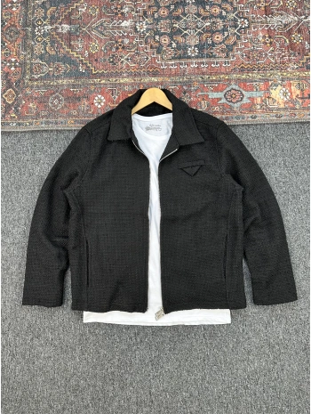 Siyah Örme Hasır Kumaş Ceket