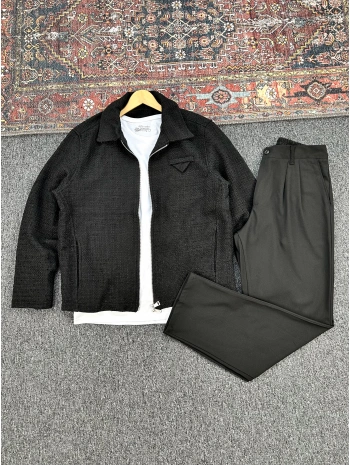 Siyah Örme Hasır Kumaş Ceket & Siyah Pileli Kumaş Baggy Pantolon