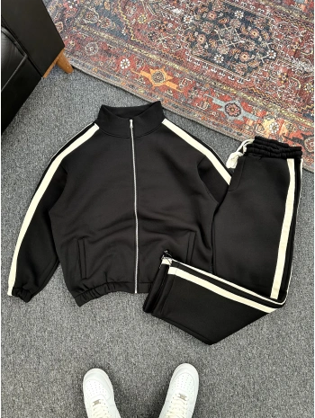 Siyah Üç İplik Şardonlu Beyaz Şerit Detaylı Eşofman Takımı