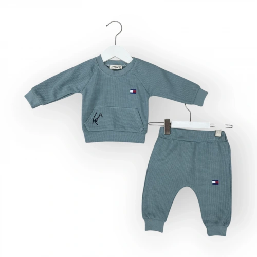 Baby Marka waffle Kumaş Tomm Desen Baskılı İkili Takım Unisex 6-24 Ay