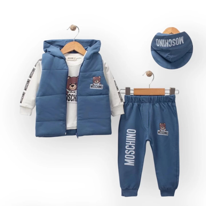 Baby Marka Moşino Desen Baskı Yelekli Üçlü Takım Unisex 6-36 Ay