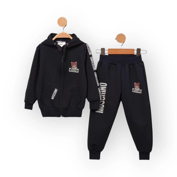 Baby Marka Baskılı Moşino Desen Kapşonlu Fermuarlı İkili Takım Unisex 1-5 Yaş