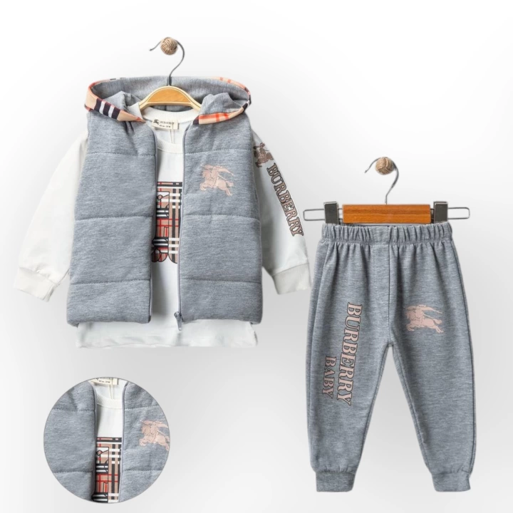 Baby Marka Baskılı Burberi Desen Baskı Yelekli Üçlü Takım Unisex 6-36 Ay