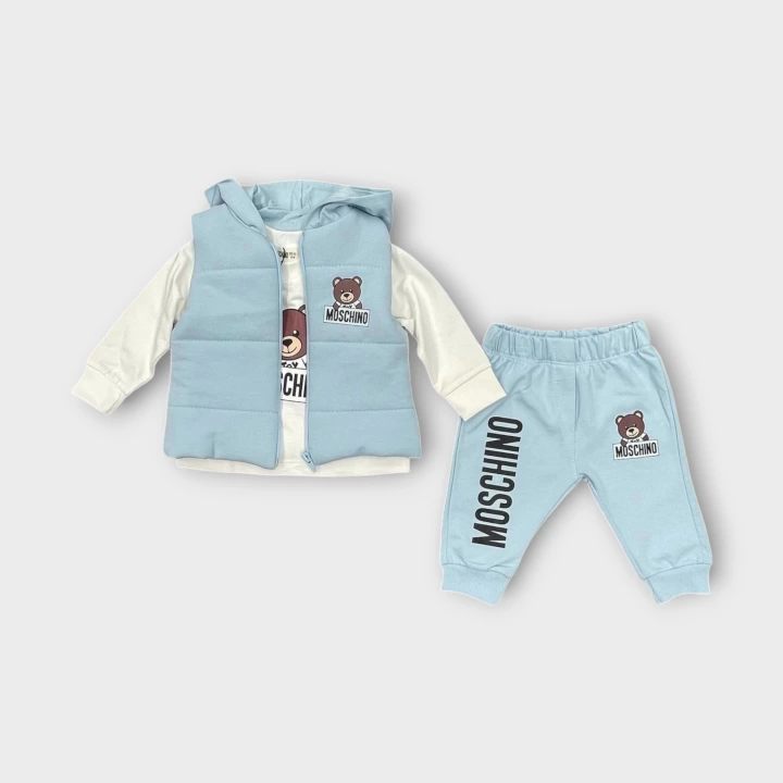 Baby Marka Moşino Desen Baskı Yelekli Üçlü Takım Unisex 6-36 Ay