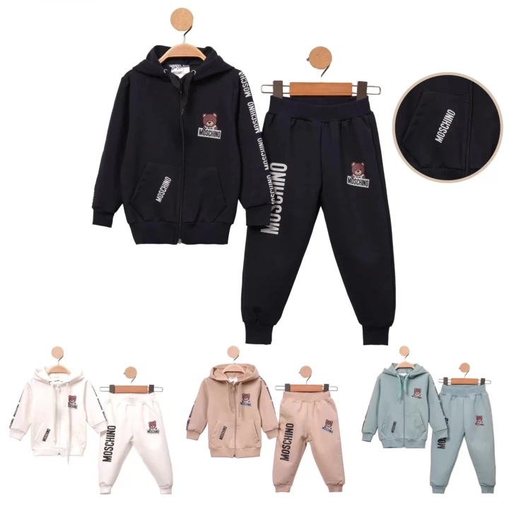 Baby Marka Baskılı Moşino Desen Kapşonlu Fermuarlı İkili Takım Unisex 1-5 Yaş