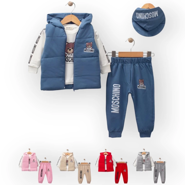 Baby Marka Moşino Desen Baskı Yelekli Üçlü Takım Unisex 6-36 Ay