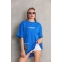 Unisex Bisiklet Yaka Baskılı Oversize T-Shirt - Mavi