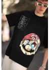 Erkek Mario Baskılı Oversize T-Shirt - Siyah