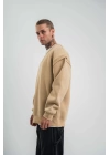 Geniş V yaka Kol Ribana Detaylı SweatShirt - Bej