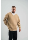 Geniş V yaka Kol Ribana Detaylı SweatShirt - Bej