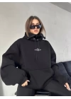 Kadın Çift Kapüşonlu Maskeli Fermuarlı Sweatshirt - Siyah