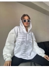 Kadın Taşlı Zip Kapüşonlu Sweatshirt - Beyaz