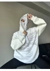 Kadın Taşlı Zip Kapüşonlu Sweatshirt - Beyaz