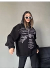 Kadın Taşlı Zip Kapüşonlu Sweatshirt - Siyah