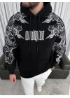 Kapşonlu Üç İplik Baskılı SweatShirt - Siyah