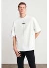 Unisex Baskılı Oversize T-Shirt - Beyaz