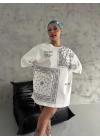 Unisex Baskılı Oversize T-Shirt - Beyaz