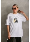 Unisex Baskılı Oversize T-Shirt - Beyaz