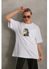 Unisex Baskılı Oversize T-Shirt - Beyaz