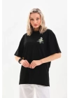 Unisex Baskılı Oversize T-Shirt - Siyah