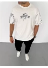 Unisex Bisiklet Yaka Baskılı Oversize T-Shirt - Beyaz