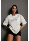 Unisex Bisiklet Yaka Baskılı Oversize T-Shirt - Beyaz