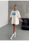 Unisex Bisiklet Yaka Baskılı Oversize T-Shirt - Beyaz