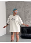 Unisex Bisiklet Yaka Baskılı Oversize T-Shirt - Beyaz