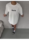 Unisex Bisiklet Yaka Baskılı Oversize T-Shirt - Beyaz