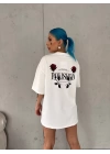 Unisex Bisiklet Yaka Baskılı Oversize T-Shirt - Beyaz