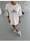 Unisex Bisiklet Yaka Baskılı Oversize T-Shirt - Beyaz