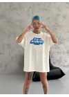 Unisex Bisiklet Yaka Baskılı Oversize T-Shirt - Beyaz