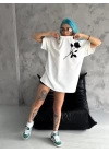 Unisex Bisiklet Yaka Baskılı Oversize T-Shirt - Beyaz