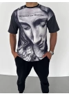 Unisex Bisiklet Yaka Baskılı Oversize T-Shirt - Beyaz