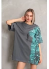 Unisex Bisiklet Yaka Baskılı Oversize T-Shirt - Gri