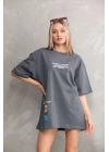 Unisex Bisiklet Yaka Baskılı Oversize T-Shirt - Gri