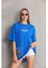 Unisex Bisiklet Yaka Baskılı Oversize T-Shirt - Mavi