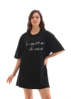 Unisex Bisiklet Yaka Baskılı Oversize T-Shirt - Siyah