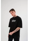 Unisex Bisiklet Yaka Baskılı Oversize T-Shirt - Siyah