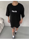 Unisex Bisiklet Yaka Baskılı Oversize T-Shirt - Siyah