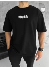 Unisex Bisiklet Yaka Baskılı Oversize T-Shirt - Siyah