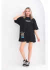 Unisex Bisiklet Yaka Baskılı Oversize T-Shirt - Siyah