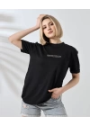 Unisex Bisiklet Yaka Baskılı Slim Fit T-Shirt - Siyah