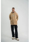 Unisex Kapşonlu Uzun Kol Patchli Nakışlı SweatShirt - Bej